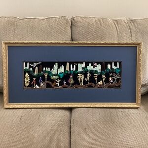 Vintage jewelry art city scene people cat dogs brooches airplane buildings park